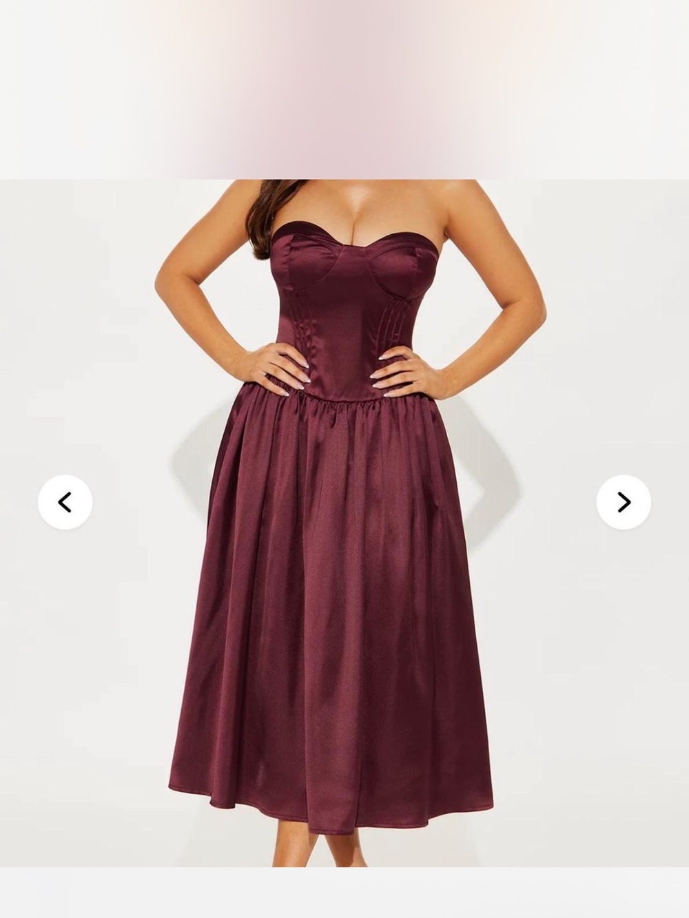 Fashion Nova Strapless Satin Midi Dress in Wine
